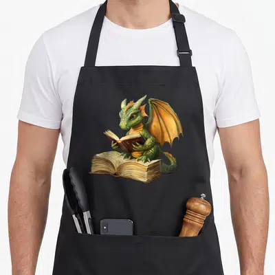 Bookworm reading dragon apron - Realistic green dragon sitting on open book holding smaller book in claws — shown on a black cotton canvas apron against a white background