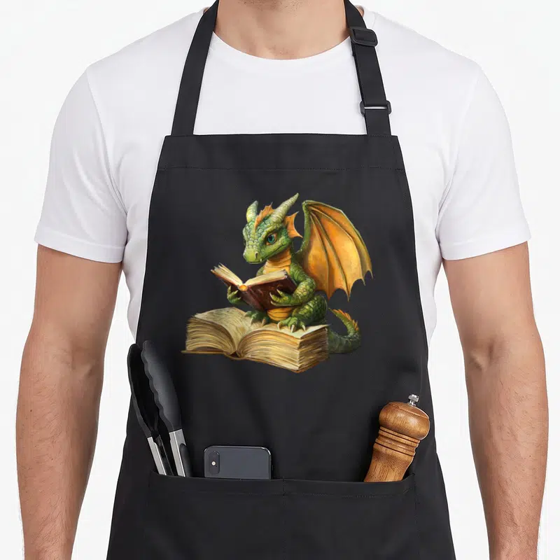 Bookworm reading dragon apron - Realistic green dragon sitting on open book holding smaller book in claws — shown on a black cotton canvas apron against a white background