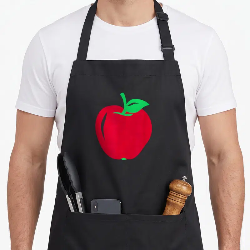 Funny apple apron - Minimalist red apple graphic with green leaf and stem on canvas — shown on a black cotton canvas apron against a white background