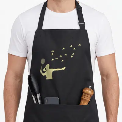 Badminton r aprons - pale yellow badminton player silhouette with flying shuttlecocks — shown on a black cotton canvas apron against a white background