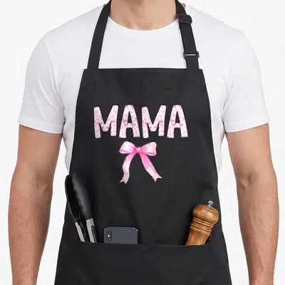 Squad bow apron - MAMA text in white filled with pink bow pattern above a large pink ribbon on black fabric — shown on a black cotton canvas apron against a white background