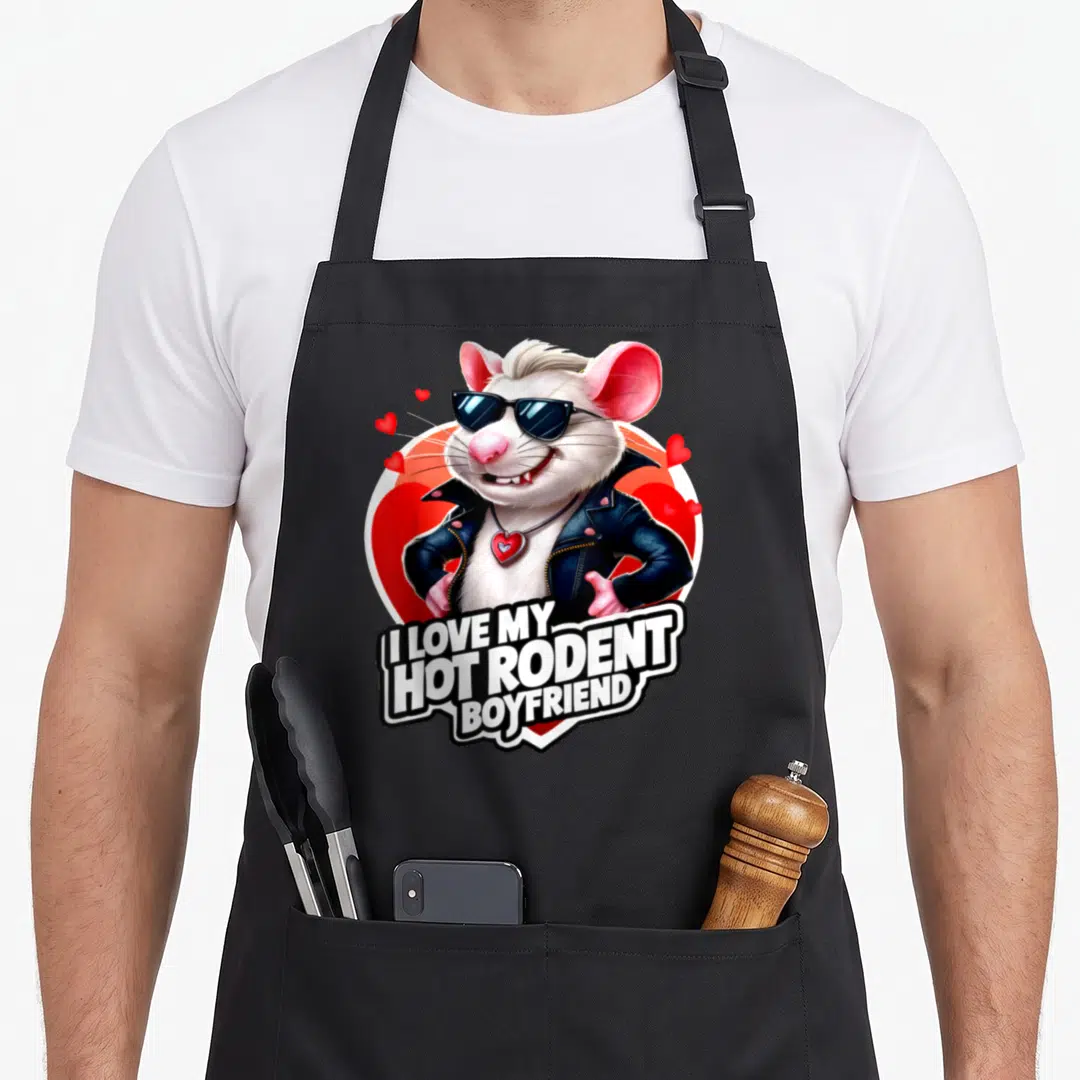 Rat i love my mouse apron - Cartoon white rat in sunglasses and jacket with hearts and text I LOVE MY HOT RODENT — shown on a black cotton canvas apron against a white background