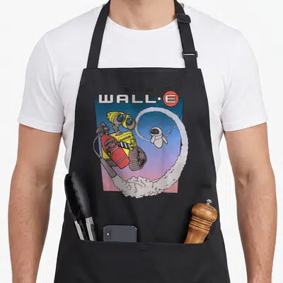 Wall e.a apron - WALL-E holding red extinguisher creating smoke circle around EVE on blue pink gradient — shown on a black cotton canvas apron against a white background