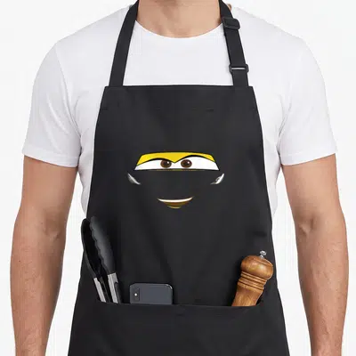 Cruz car apron - Minimalist face with yellow brow, two brown eyes, and smiling brown mouth on grey background — shown on a black cotton canvas apron against a white background