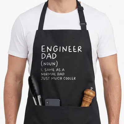 Funny definition engineer apron - White stacked text reading Engineer Dad Noun Same As Normal Dad Just Much Cooler — shown on a black cotton canvas apron against a white background