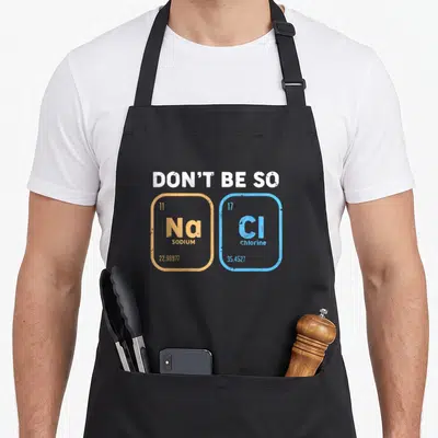 Salty chemistry apron - Don't Be So NaCl text above orange Sodium and blue Chlorine periodic table cells — shown on a black cotton canvas apron against a white background