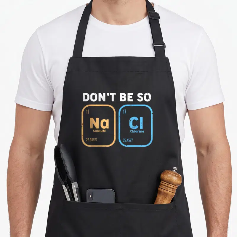 Salty chemistry apron - Don't Be So NaCl text above orange Sodium and blue Chlorine periodic table cells — shown on a black cotton canvas apron against a white background