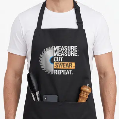 Cut handyman apron - Silver saw blade next to stacked white text reading MEASURE CUT SWEAR REPEAT over a brown wood — shown on a black cotton canvas apron against a white background