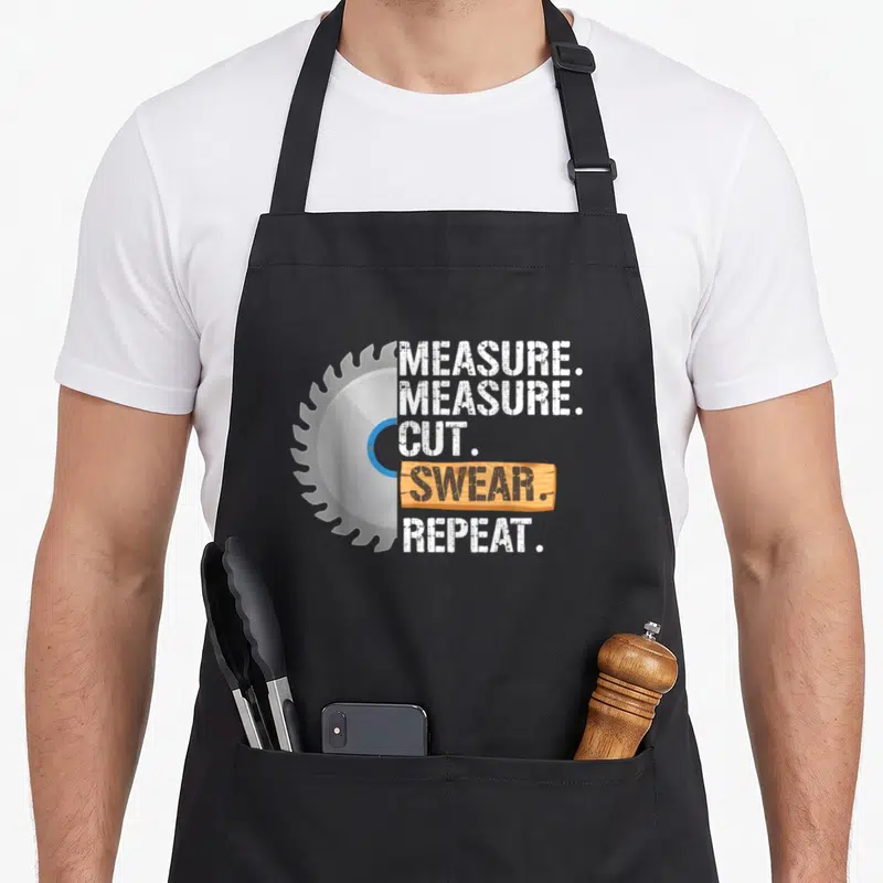 Cut handyman apron - Silver saw blade next to stacked white text reading MEASURE CUT SWEAR REPEAT over a brown wood — shown on a black cotton canvas apron against a white background