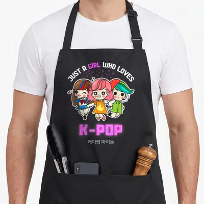 Pop k apron - Three cartoon girls with stars and K-POP text in pink white green yellow — shown on a black cotton canvas apron against a white background