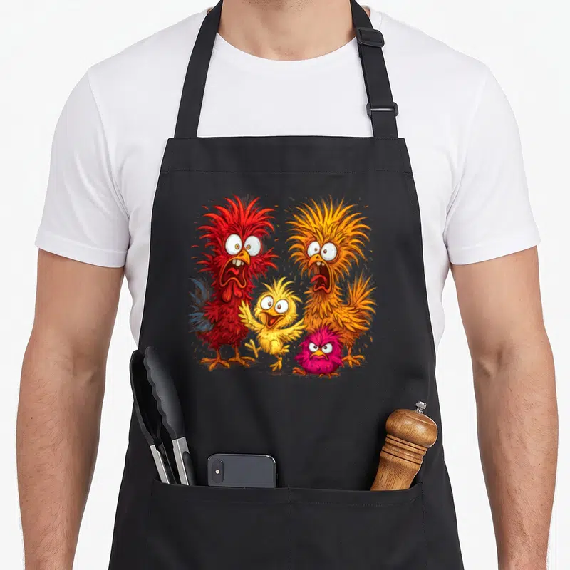 Cartoon chicken apron - Four cartoon chickens in red orange yellow and pink facing forward with open mouths — shown on a black cotton canvas apron against a white background