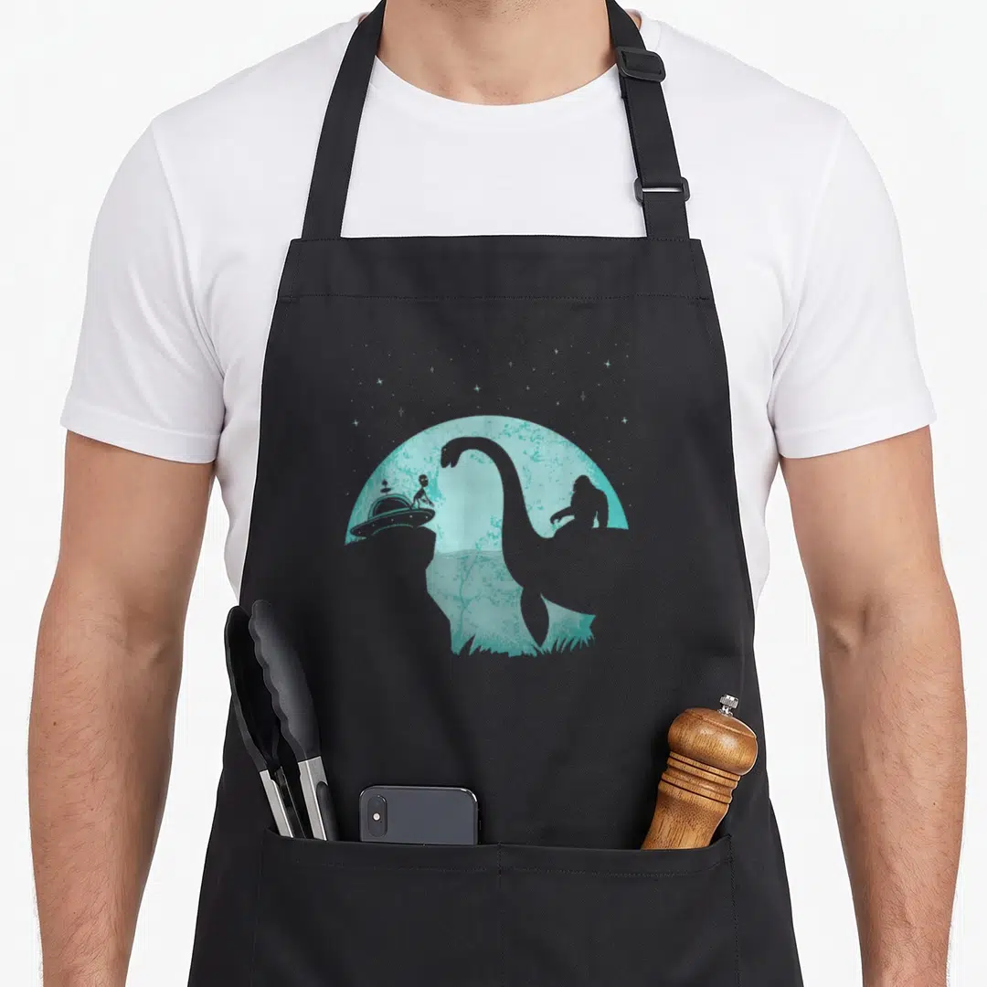 Riding loch bigfoot apron - Teal silhouette of dinosaur, alien, and flying saucer against a moon with scattered stars — shown on a black cotton canvas apron against a white background