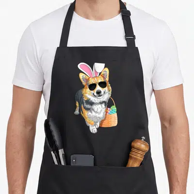 Corgi easter apron - Cartoon corgi with bunny ears sunglasses holding Easter basket with colorful eggs — shown on a black cotton canvas apron against a white background