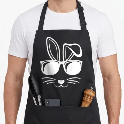 Funny face easter bunny aprons - White minimalist bunny face with sunglasses, nose, and whiskers on grey background — shown on a black cotton canvas apron against a white background