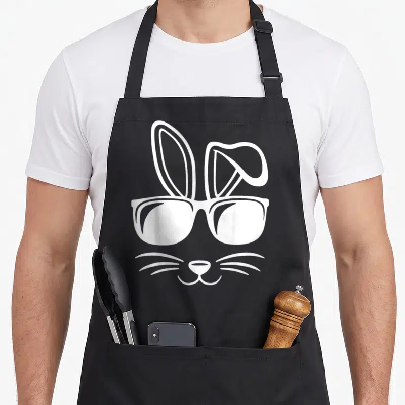 Funny face easter bunny aprons - White minimalist bunny face with sunglasses, nose, and whiskers on grey background — shown on a black cotton canvas apron against a white background