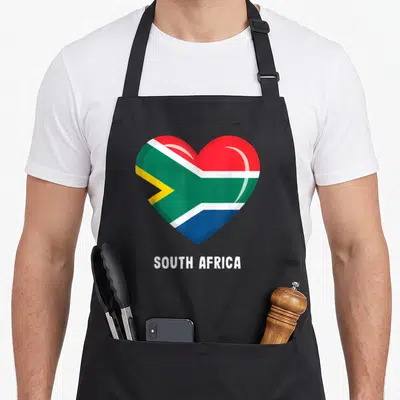 Jersey south african apron - Heart shaped South Africa flag in red green blue yellow white with white text below — shown on a black cotton canvas apron against a white background