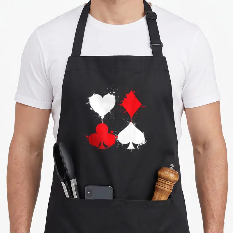 Playing poker apron - Four distressed playing card suits in red and white with paint splatter effects — shown on a black cotton canvas apron against a white background