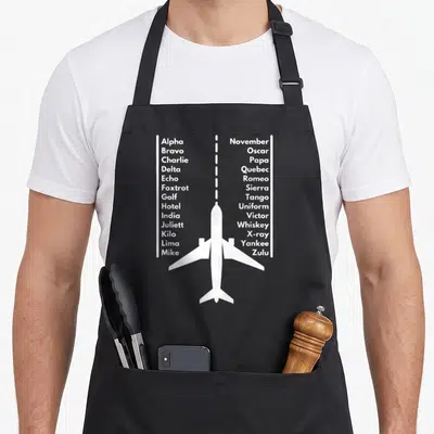 Phonetica airplane apron - White airplane silhouette with dashed flight line and two columns of phonetic alphabet text — shown on a black cotton canvas apron against a white background