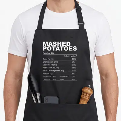 Mashed food aprons - White nutrition label text for Mashed Potatoes on black fabric showing 214 calories and nutrient — shown on a black cotton canvas apron against a white background
