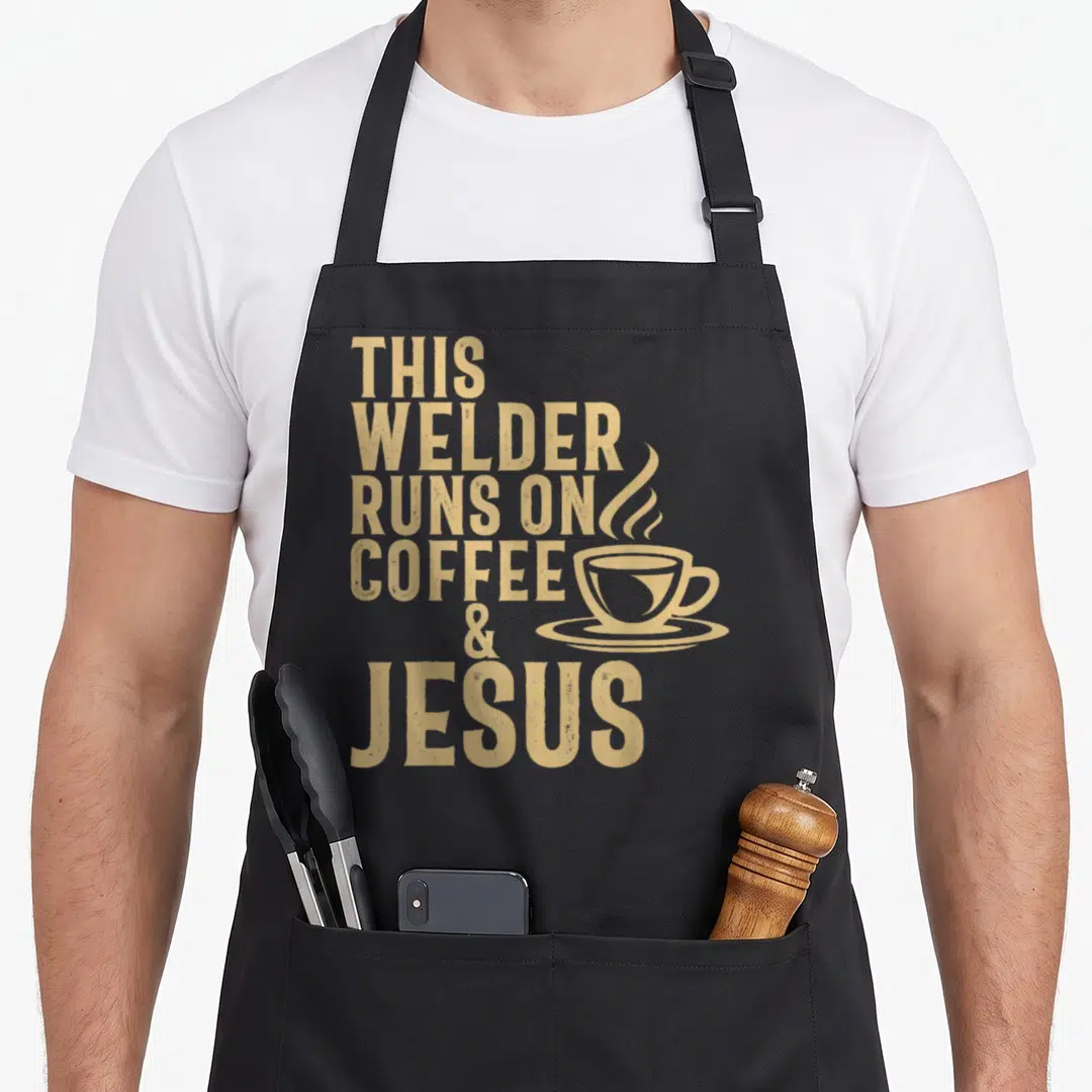 Welder coffee apron - Distressed tan text reading THIS WELDER RUNS ON COFFEE & JESUS beside a steaming cup on a saucer — shown on a black cotton canvas apron against a white background