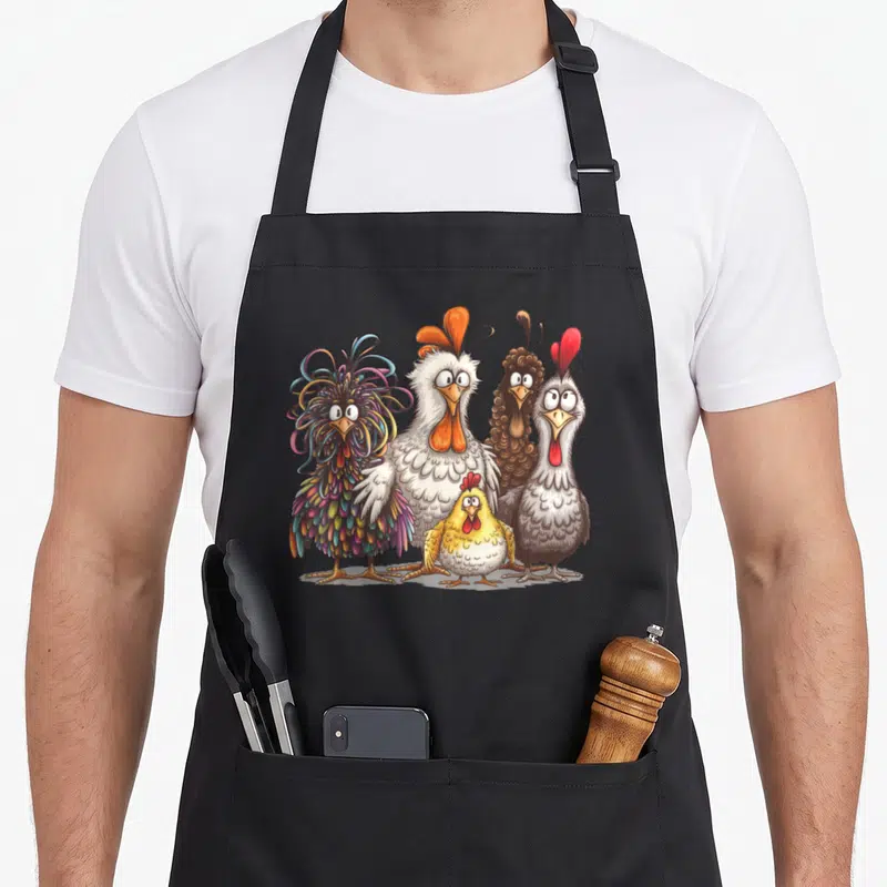Funny chicken apron - Five cartoon chickens in white, brown, grey, yellow, and rainbow feathers standing together — shown on a black cotton canvas apron against a white background