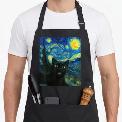 Starry funny cat apron - Black cat in front of swirling blue Starry Night watercolor painting with yellow stars — shown on a black cotton canvas apron against a white background