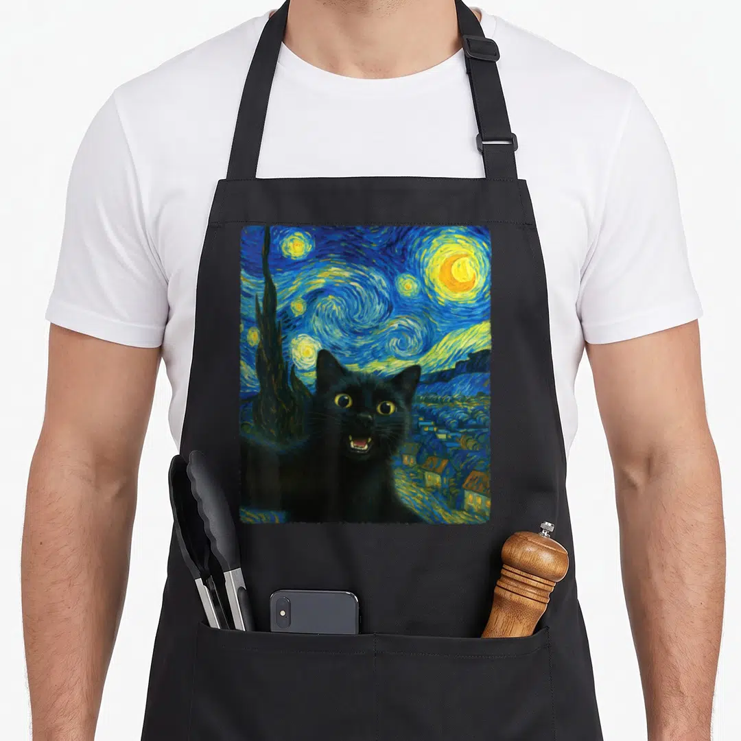 Starry funny cat apron - Black cat in front of swirling blue Starry Night watercolor painting with yellow stars — shown on a black cotton canvas apron against a white background