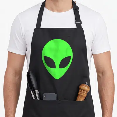 Cute funny alien apron - Lime green minimalist alien head graphic centered on fabric with two front pockets — shown on a black cotton canvas apron against a white background