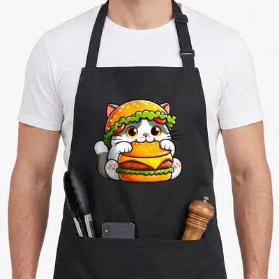 Cat quirky apron - Cartoon cat wearing burger bun hat holding cheeseburger with orange and green details — shown on a black cotton canvas apron against a white background