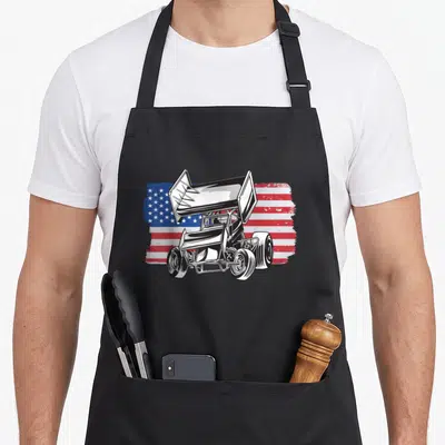Sprint car racing apron - Line art sprint car over distressed red white blue USA flag — shown on a black cotton canvas apron against a white background