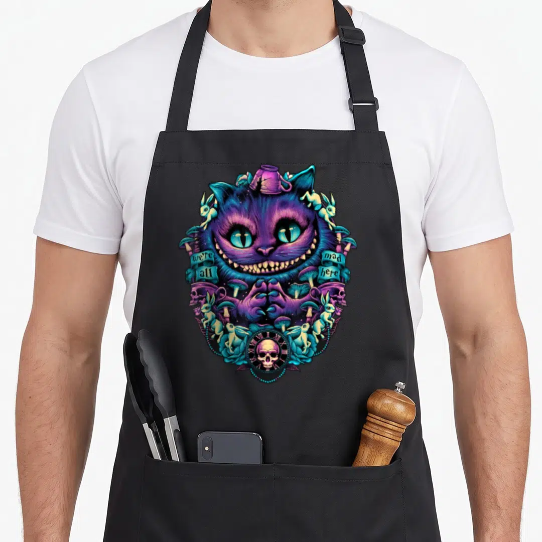 Cheshire cat apron - Purple cheshire cat head with we're all mad here ribbons, skulls, rabbits, mushrooms, and clock — shown on a black cotton canvas apron against a white background