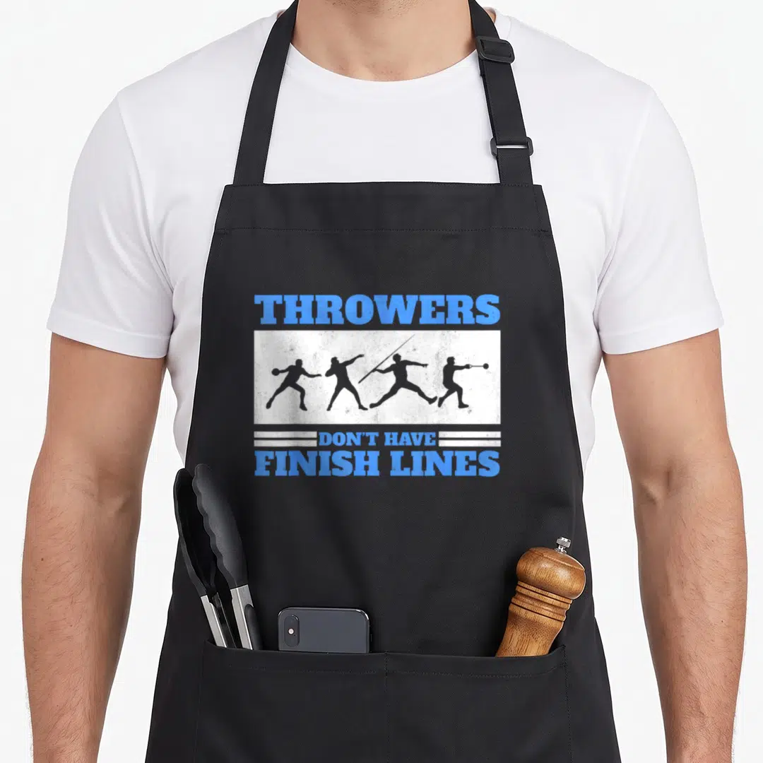 Finish track apron - Blue text THROWERS DON'T HAVE FINISH LINES surrounding four grey athlete silhouettes on white — shown on a black cotton canvas apron against a white background
