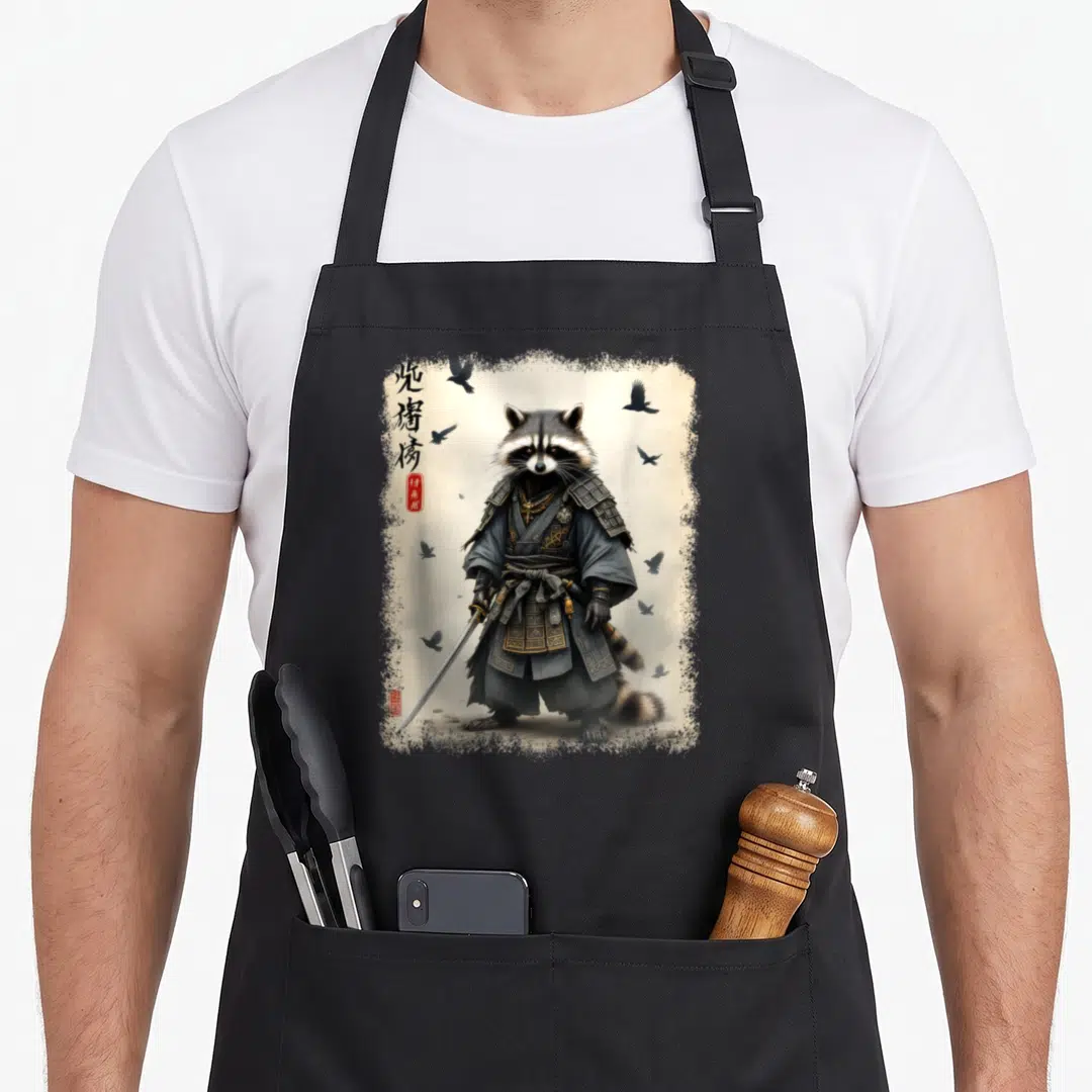 Samurai anime apron - Raccoon samurai in armor holding sword with calligraphy and black birds on beige background — shown on a black cotton canvas apron against a white background