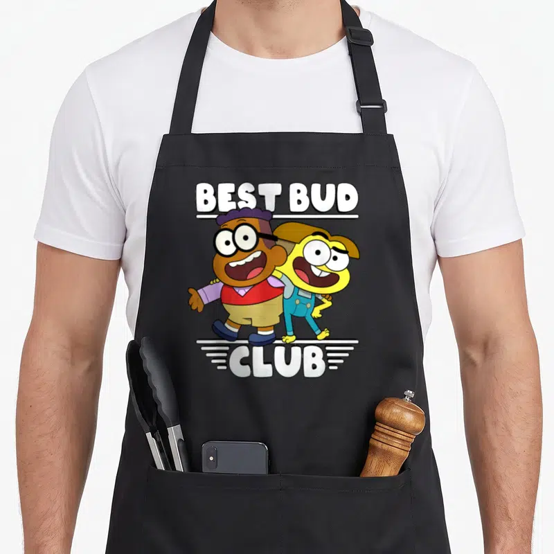 Remy cricket apron - Two cartoon characters with Best Bud Club text in white, yellow, brown, and blue — shown on a black cotton canvas apron against a white background
