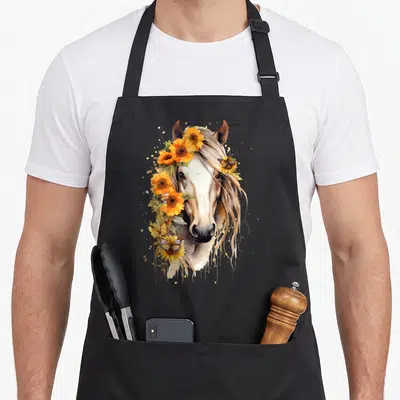 Portrait sunflower apron - Watercolor horse head with yellow sunflowers, butterflies, and a bee on black bib — shown on a black cotton canvas apron against a white background