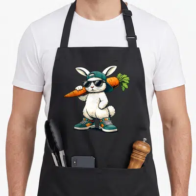 Carrot easter bunny aprons - Cartoon rabbit in teal cap and sunglasses holding large orange carrot — shown on a black cotton canvas apron against a white background