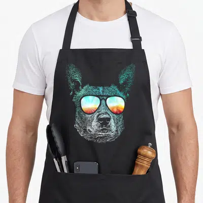 Stumpy dog kitchen apron - Realistic blue dog head wearing sunglasses reflecting a sunset in light blue, white, red — shown on a black cotton canvas apron against a white background