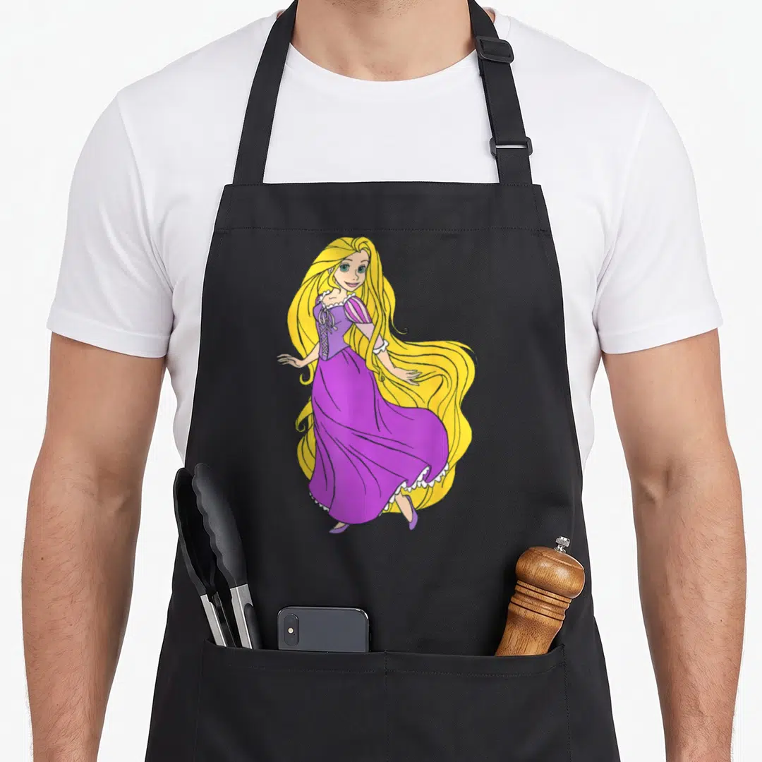 Rapunzel princess apron - Cartoon woman with very long hair wearing a purple dress — shown on a black cotton canvas apron against a white background