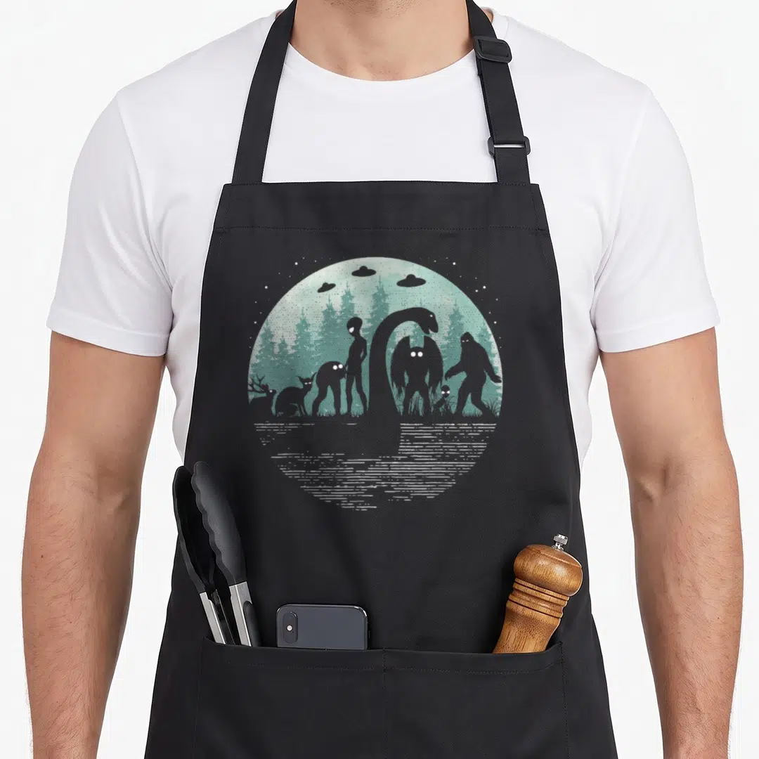 Alien cryptid bigfoot apron - Circular teal and grey forest scene with Bigfoot, aliens, and cryptid silhouettes — shown on a black cotton canvas apron against a white background