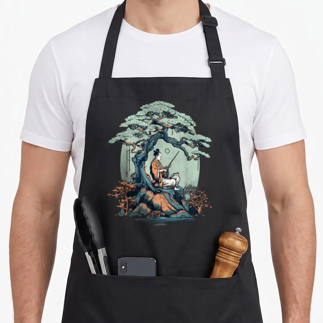 Relaxing tree apron - Person in orange robes fishing under teal and orange tree with pale moon — shown on a black cotton canvas apron against a white background