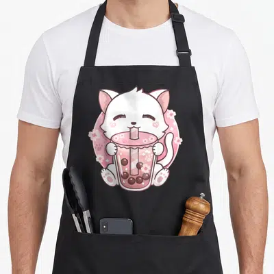 Kawaii tea apron - White cartoon cat holding pink bubble tea cup with brown pearls on pink background — shown on a black cotton canvas apron against a white background