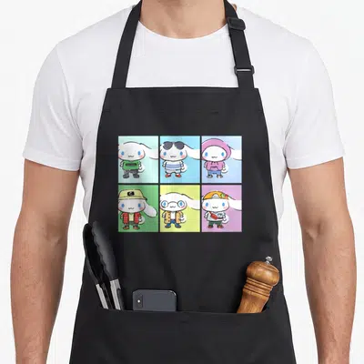Cinnamoroll streetwear apron - Six Cinnamoroll cartoons in colored squares wearing streetwear outfits — shown on a black cotton canvas apron against a white background