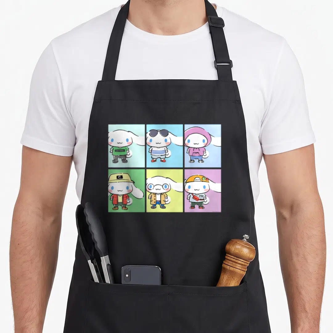 Cinnamoroll streetwear apron - Six Cinnamoroll cartoons in colored squares wearing streetwear outfits — shown on a black cotton canvas apron against a white background