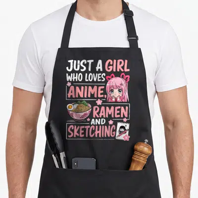 Sketching kawaii japan apron - Anime girl, ramen bowl, and sketchbook illustration with pink and white stacked text — shown on a black cotton canvas apron against a white background