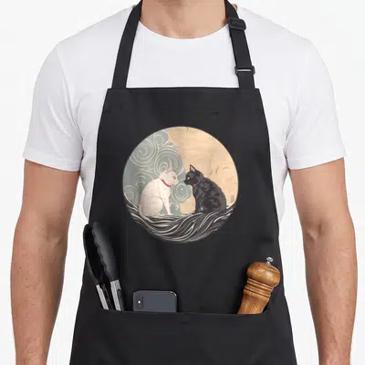 Ukiyo e.a apron - Two cartoon cats facing each other in a circle with blue and beige swirls and dark waves — shown on a black cotton canvas apron against a white background