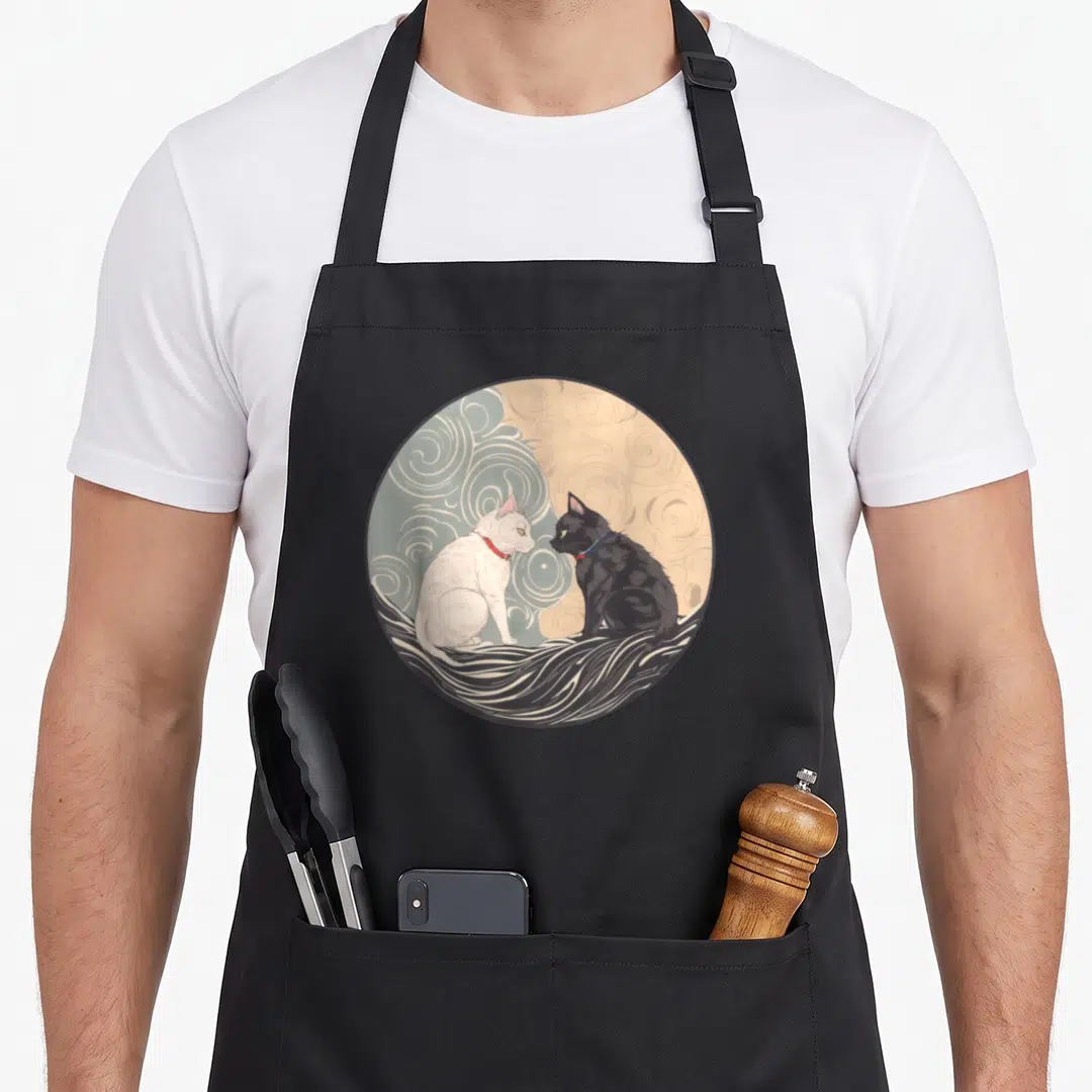 Ukiyo e.a apron - Two cartoon cats facing each other in a circle with blue and beige swirls and dark waves — shown on a black cotton canvas apron against a white background