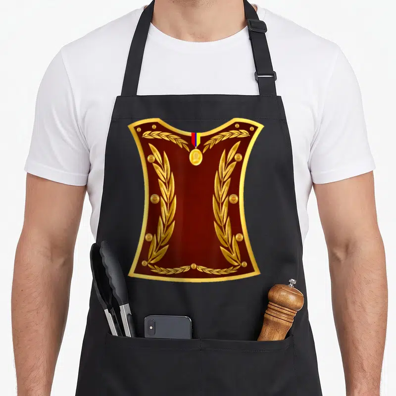 Designz smart apron - Maroon chest plate with gold laurel wreaths and tricolor medal — shown on a black cotton canvas apron against a white background