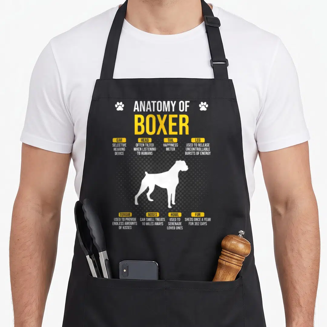 Funny anatomy boxer dog apron - White boxer silhouette with yellow labels describing ears, tails, and shedding habits — shown on a black cotton canvas apron against a white background