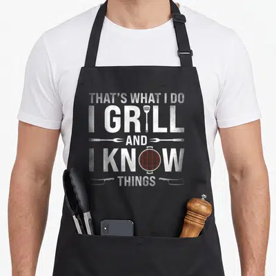 Smoking barbecue apron - Stacked grilling pun text with spatula, forks, red grill, and cleavers in white typography — shown on a black cotton canvas apron against a white background