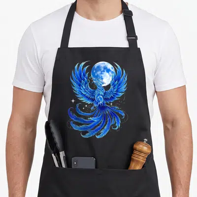 Iced bird apron - Realistic blue phoenix bird with spread wings positioned in front of a large white full moon — shown on a black cotton canvas apron against a white background